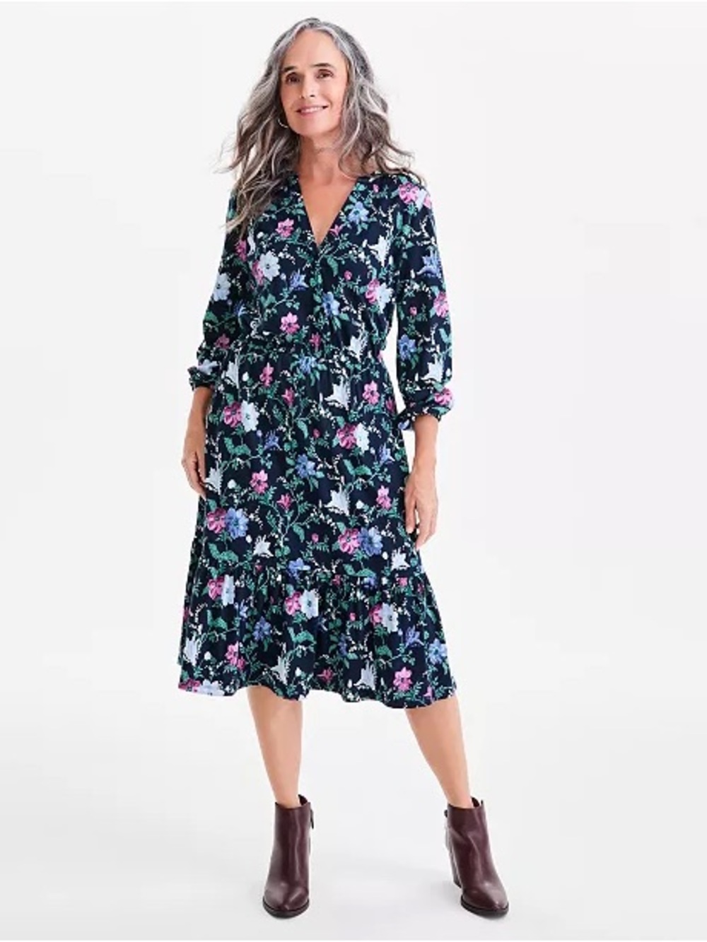 Style & Co. Navy Floral Midi Dress with Pink & Green Blooms
